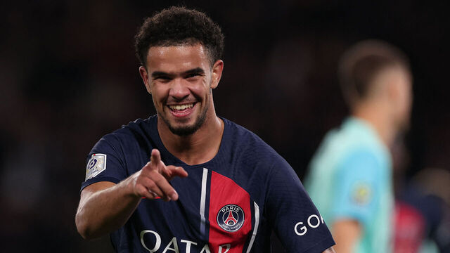TOPSHOT - Paris Saint-Germain's French midfielder #33 Warren Zaire-Emery celebrates scoring his team's second goal during the French L1 football match between Paris Saint-Germain (PSG) and Montpellier Herault SC at The Parc des Princes Stadium in Paris on November 3, 2023.
