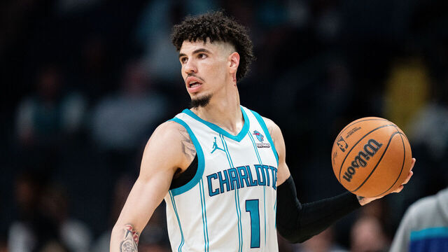 CHARLOTTE, NORTH CAROLINA - NOVEMBER 08: LaMelo Ball #1 of the Charlotte Hornets brings the ball up court against the Washington Wizards in the third quarter during their game at Spectrum Center on November 08, 2023 in Charlotte, North Carolina.
