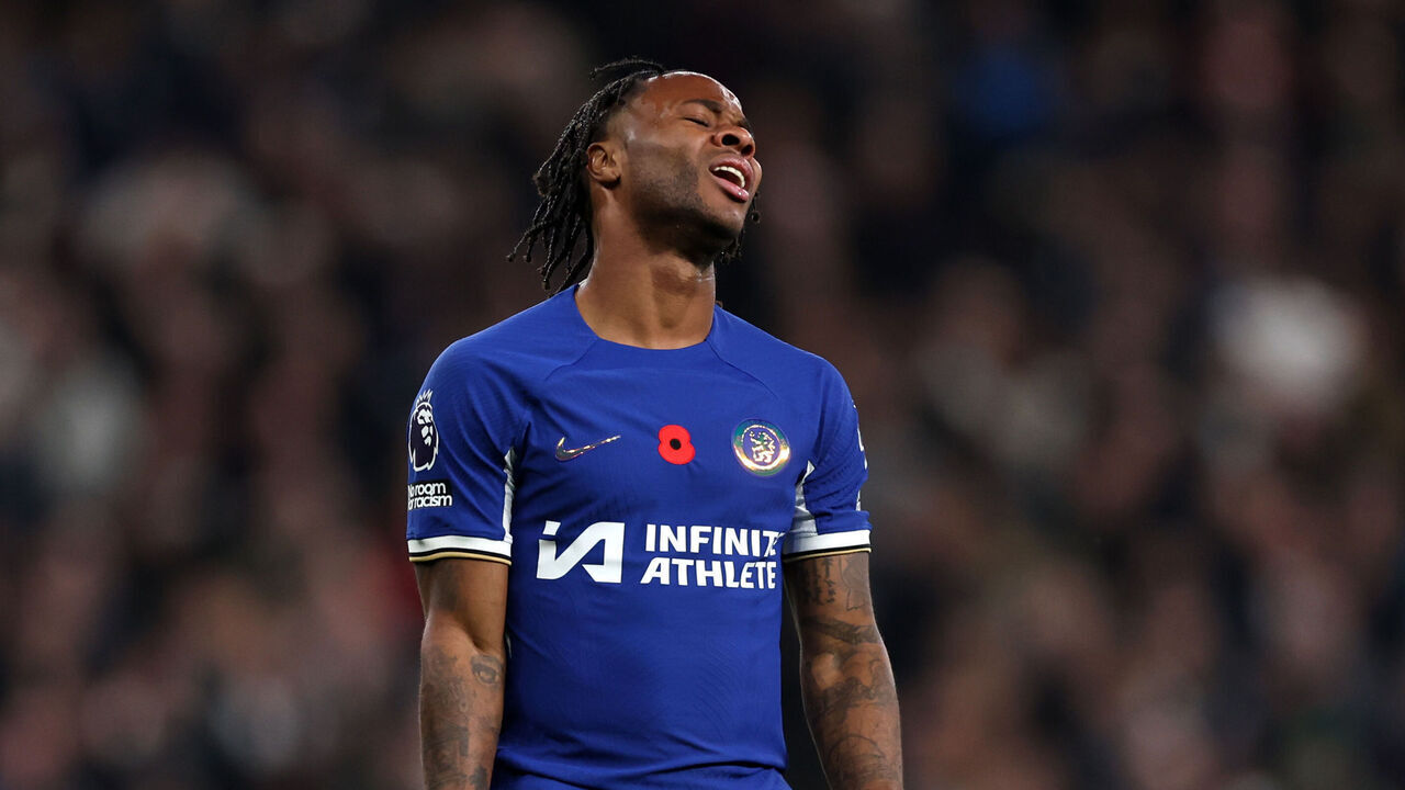LONDON, ENGLAND - NOVEMBER 06: Raheem Sterling of Chelsea reacts during the Premier League match between Tottenham Hotspur and Chelsea FC at Tottenham Hotspur Stadium on November 06, 2023 in London, England.
