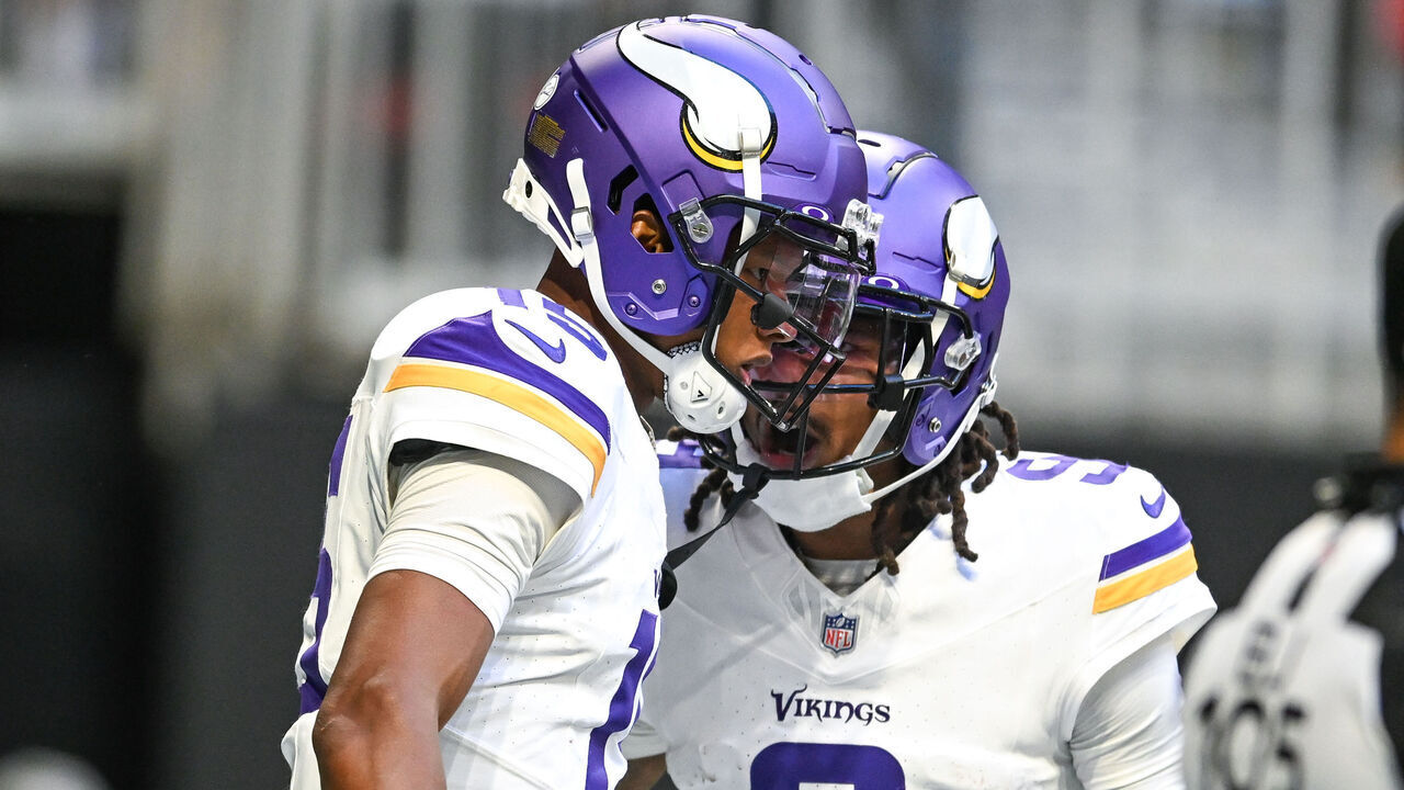 ATLANTA, GA NOVEMBER 05: Minnesota wide receiver Trishton Jackson (9) congratulates quarterback Joshua Dobbs (15) after he rushed for a touchdown during the NFL game between the Minnesota Vikings and the Atlanta Falcons on November 5th, 2023 at Mercedes-Benz Stadium in Atlanta, GA.