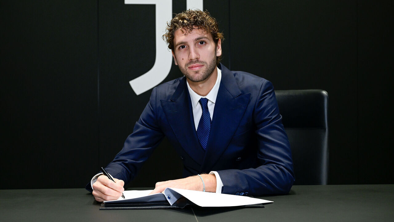 TURIN, ITALY - NOVEMBER 9: Juventus player Manuel Locatelli extends his contract with Juventus at Juventus Headquarters on November 9, 2023 in Turin, Italy.