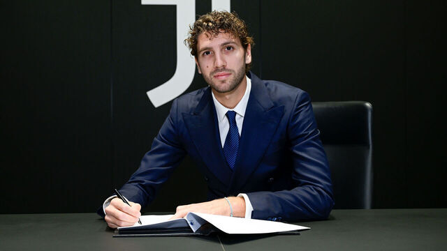 TURIN, ITALY - NOVEMBER 9: Juventus player Manuel Locatelli extends his contract with Juventus at Juventus Headquarters on November 9, 2023 in Turin, Italy.