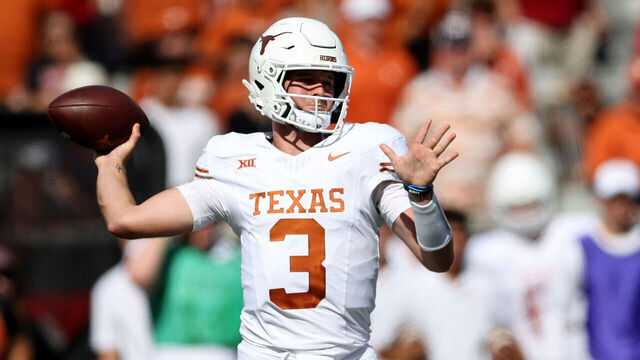 HOUSTON, TEXAS - OCTOBER 21: Quinn Ewers #3 of the Texas Longhorns throws a pass in the first quarter against the Houston Cougars at TDECU Stadium on October 21, 2023 in Houston, Texas.