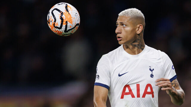 LONDON, ENGLAND - OCTOBER 23: Richarlison of Tottenham Hotspur during the Premier League match between Tottenham Hotspur and Fulham FC at Tottenham Hotspur Stadium on October 23, 2023 in London, United Kingdom.