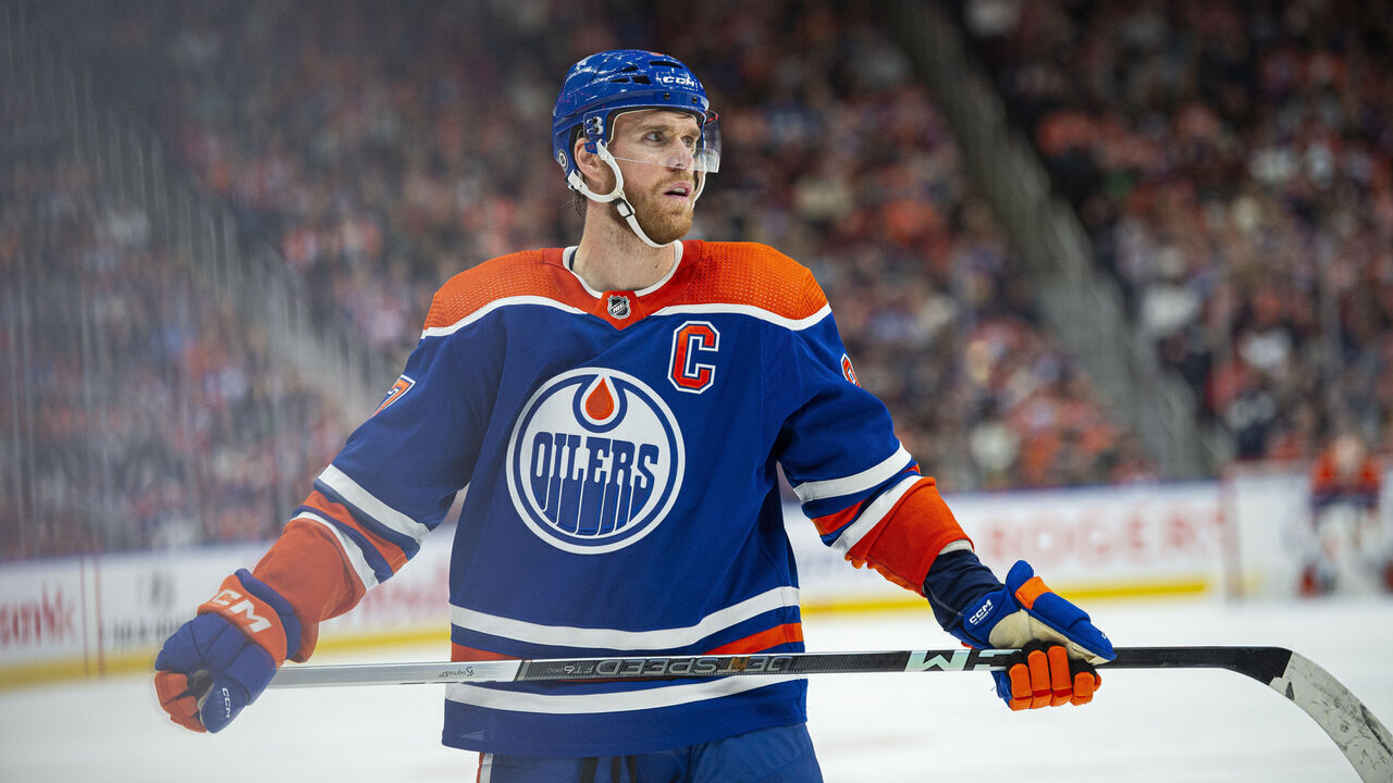 EDMONTON, ALBERTA - OCTOBER 21: Connor McDavid #97 of the Edmonton Oilers looks on during the third period against the Winnipeg Jets at Rogers Place on October 21, 2023 in Edmonton, Alberta, Canada