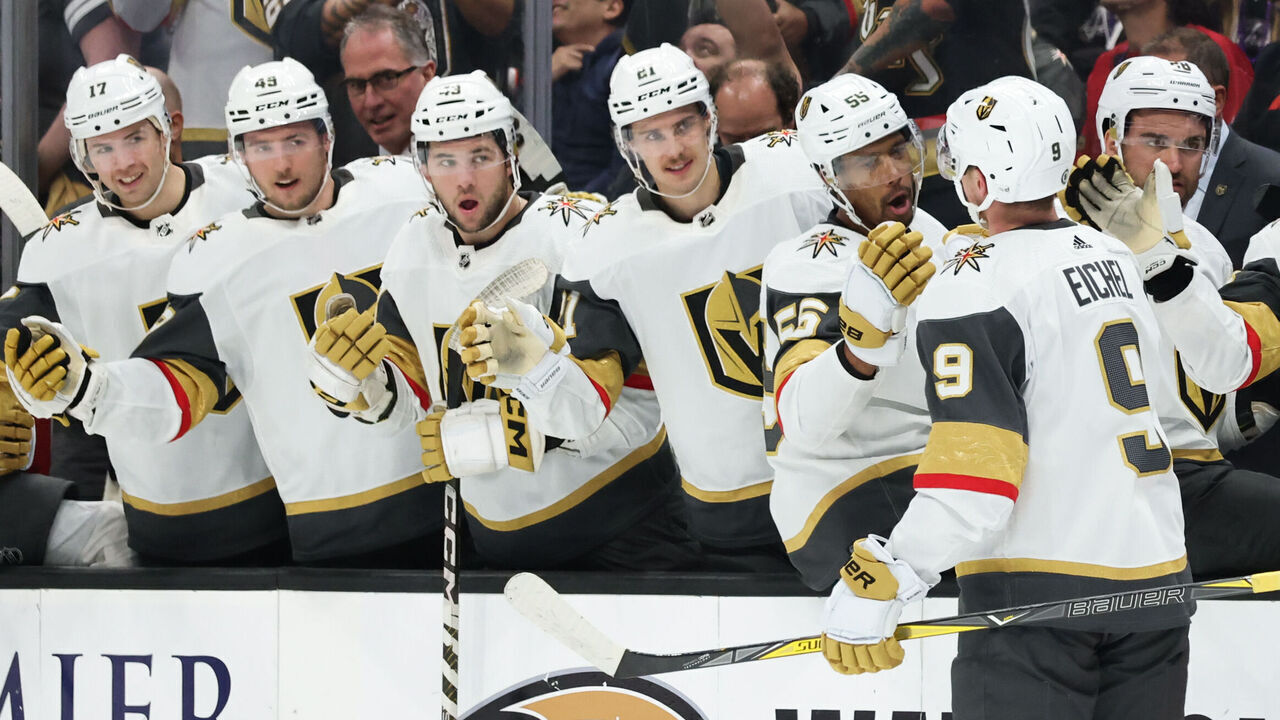 ANAHEIM, CA NOVEMBER 5: Jack Eichel #9 of the Vegas Golden Knights celebrates a second period goal with his teammates during the game against the Anaheim Ducks on November 5, 2023 at Honda Center in Anaheim, California.