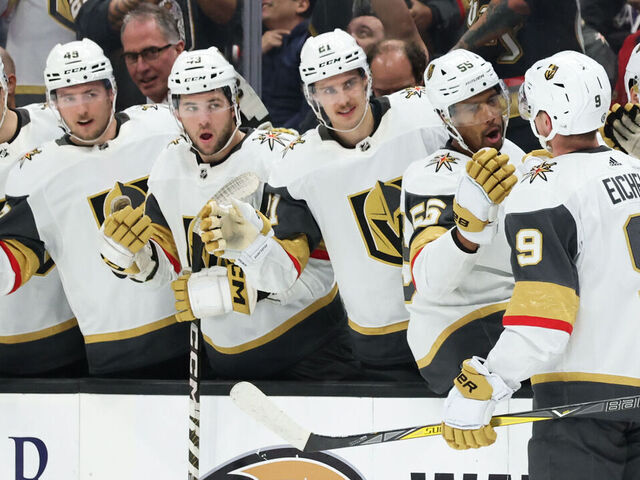 ANAHEIM, CA NOVEMBER 5: Jack Eichel #9 of the Vegas Golden Knights celebrates a second period goal with his teammates during the game against the Anaheim Ducks on November 5, 2023 at Honda Center in Anaheim, California.