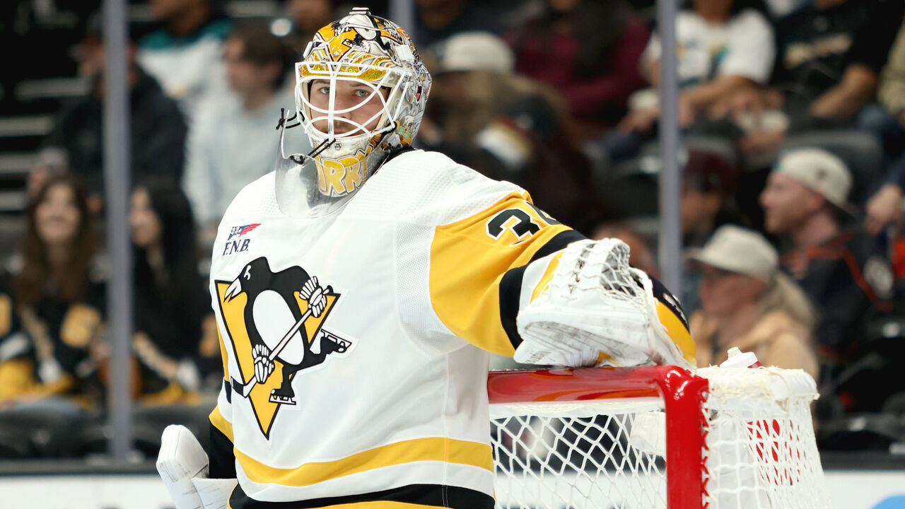 ANAHEIM, CALIFORNIA - NOVEMBER 07: Tristan Jarry #35 of the Pittsburgh Penguins looks on in the first period of the game against the Anaheim Ducks at Honda Center on November 07, 2023 in Anaheim, California.