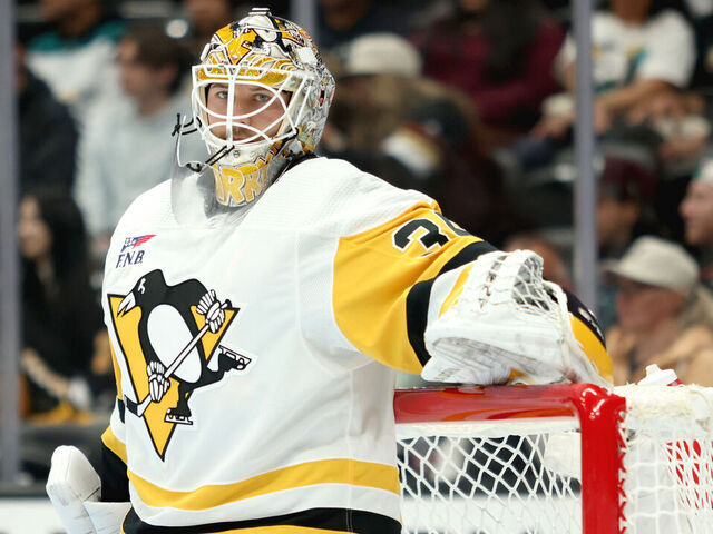 ANAHEIM, CALIFORNIA - NOVEMBER 07: Tristan Jarry #35 of the Pittsburgh Penguins looks on in the first period of the game against the Anaheim Ducks at Honda Center on November 07, 2023 in Anaheim, California.