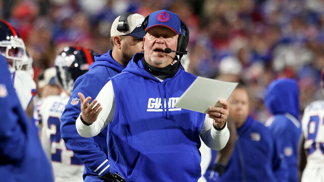 ORCHARD PARK, NEW YORK - OCTOBER 15: Defensive Coordinator Don Martindale of the New York Giants reacts during the third quarter against the Buffalo Bills at Highmark Stadium on October 15, 2023 in Orchard Park, New York.