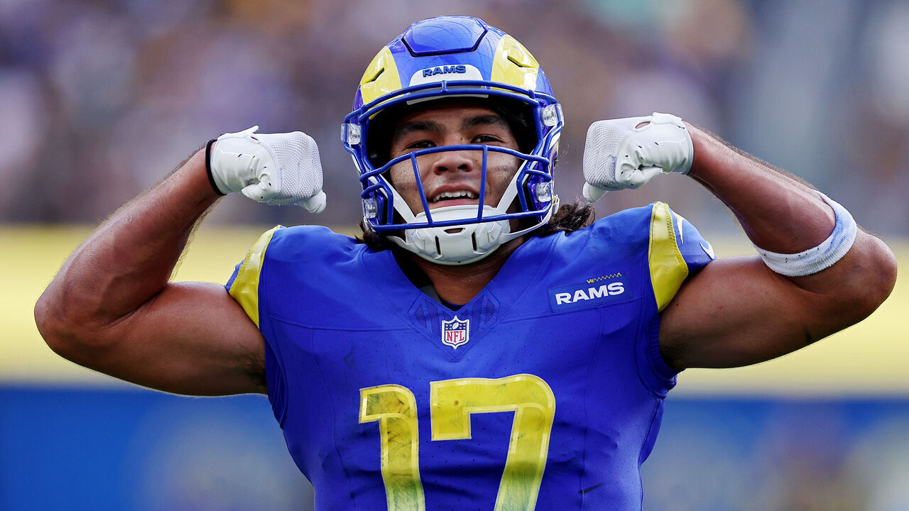 INGLEWOOD, CALIFORNIA - OCTOBER 22: Puka Nacua #17 of the Los Angeles Rams celebrates a two point conversion score during the third quarter against the Pittsburgh Steelers at SoFi Stadium on October 22, 2023 in Inglewood, California.