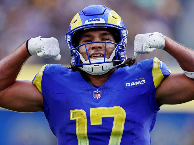 INGLEWOOD, CALIFORNIA - OCTOBER 22: Puka Nacua #17 of the Los Angeles Rams celebrates a two point conversion score during the third quarter against the Pittsburgh Steelers at SoFi Stadium on October 22, 2023 in Inglewood, California.