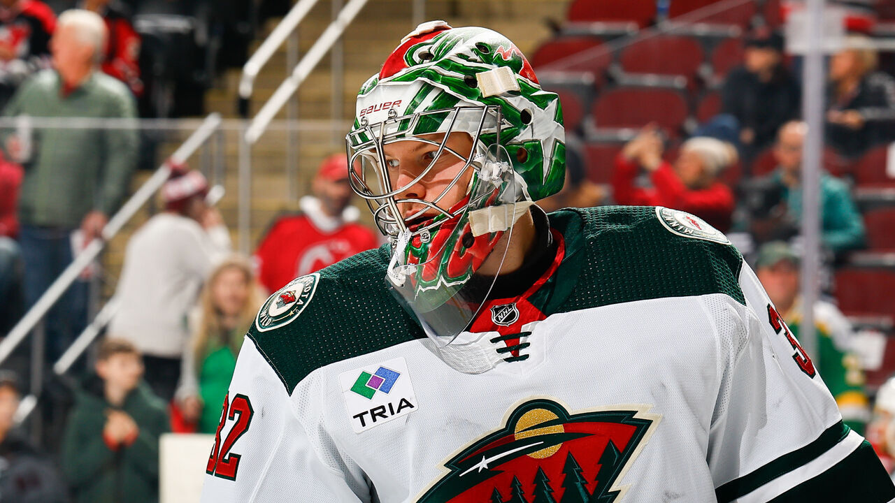 NEWARK, NJ - OCTOBER 29: Filip Gustavsson #32 of the Minnesota Wild prior to the game against the New Jersey Devils at the Prudential Center on October 29, 2023 in Newark, New Jersey.