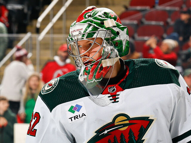 NEWARK, NJ - OCTOBER 29: Filip Gustavsson #32 of the Minnesota Wild prior to the game against the New Jersey Devils at the Prudential Center on October 29, 2023 in Newark, New Jersey.