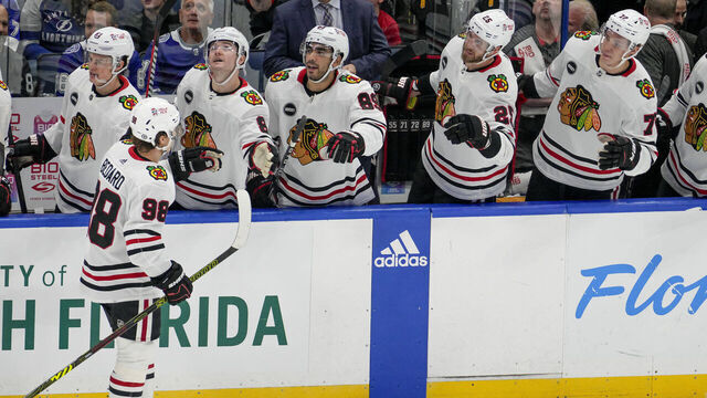 TAMPA, FL - NOVEMBER 09: Chicago Blackhawks center Connor Bedard (98) )scores a goal during the NHL Hockey match between the Tampa Bay Lightning and Chicago Blackhawks on November 9th, 2023 at Amalie Arena in Tampa, FL.