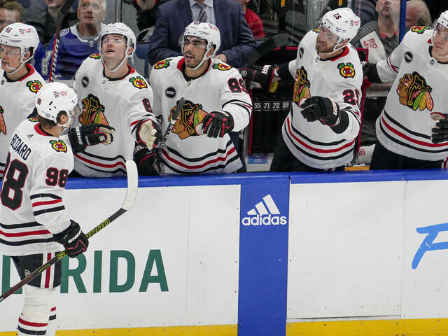 TAMPA, FL - NOVEMBER 09: Chicago Blackhawks center Connor Bedard (98) )scores a goal during the NHL Hockey match between the Tampa Bay Lightning and Chicago Blackhawks on November 9th, 2023 at Amalie Arena in Tampa, FL.