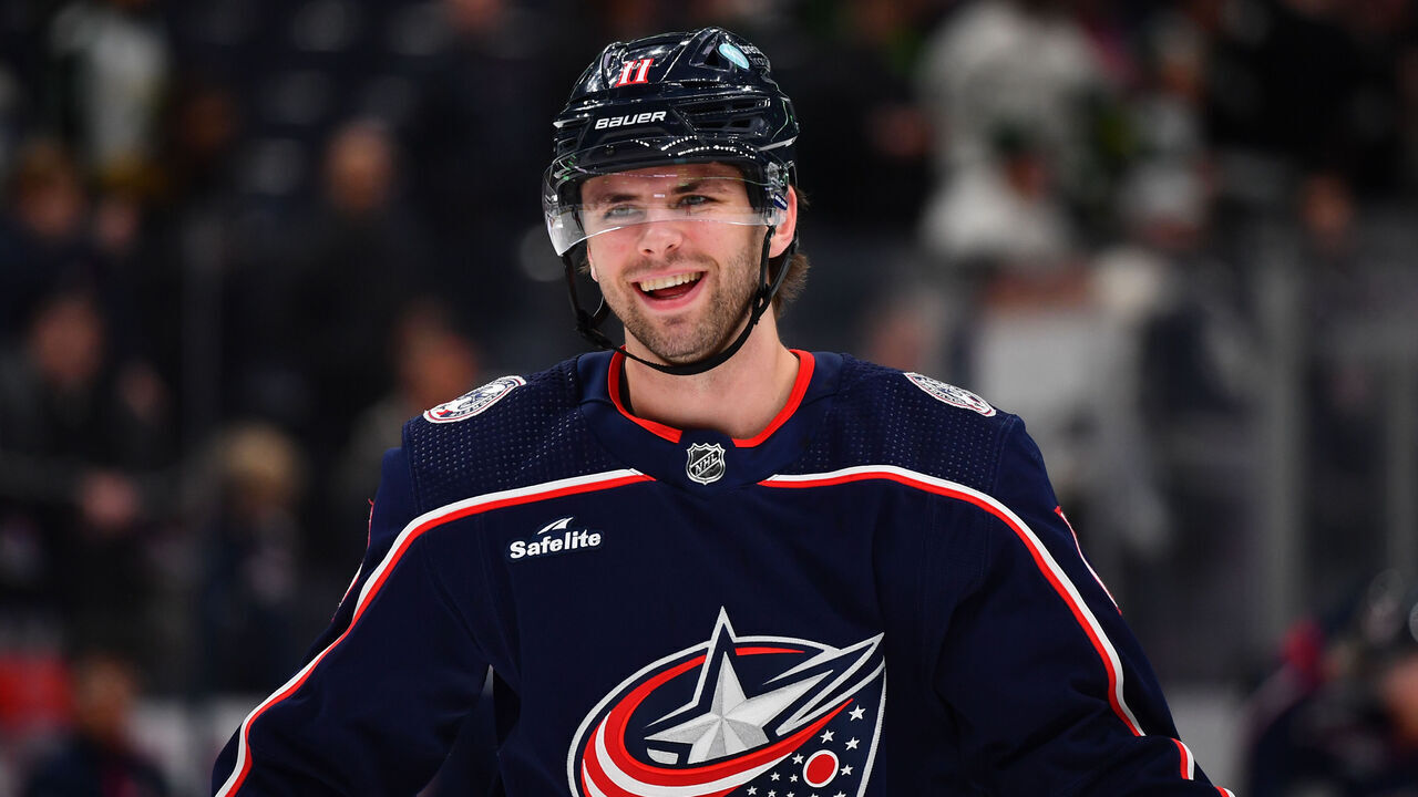 COLUMBUS, OHIO - NOVEMBER 9: Adam Fantilli #11 of the Columbus Blue Jackets warms up prior to a game against the Dallas Stars at Nationwide Arena on November 9, 2023 in Columbus, Ohio.