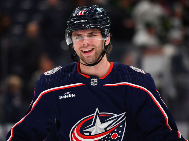 COLUMBUS, OHIO - NOVEMBER 9: Adam Fantilli #11 of the Columbus Blue Jackets warms up prior to a game against the Dallas Stars at Nationwide Arena on November 9, 2023 in Columbus, Ohio.