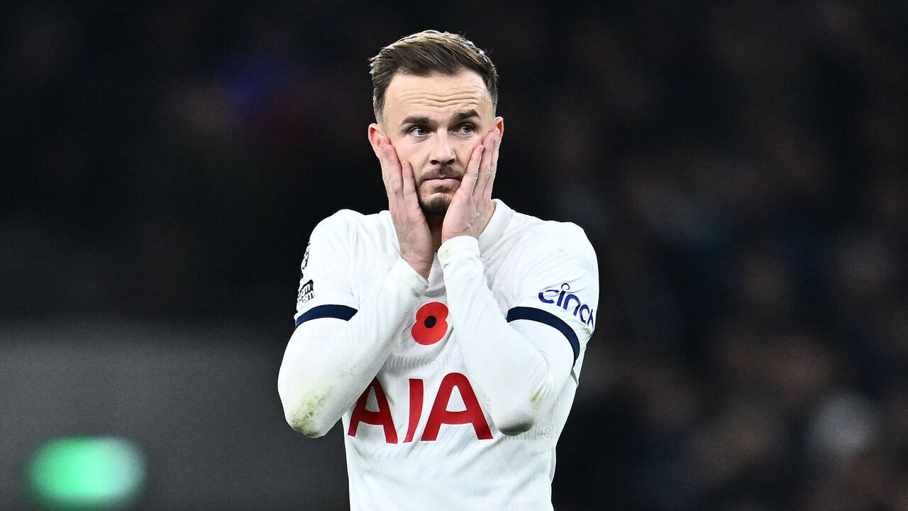 LONDON, ENGLAND - NOVEMBER 6: James Maddison of Tottenham Hotspur reacts during the Premier League match between Tottenham Hotspur and Chelsea FC at Tottenham Hotspur Stadium on November 6, 2023 in London, England.