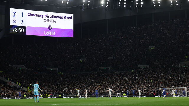 LONDON, ENGLAND - NOVEMBER 6: A VAR decision goal disallowed is seen on the giant LED scoreboard during the Premier League match between Tottenham Hotspur and Chelsea FC at Tottenham Hotspur Stadium on November 6, 2023 in London, England.