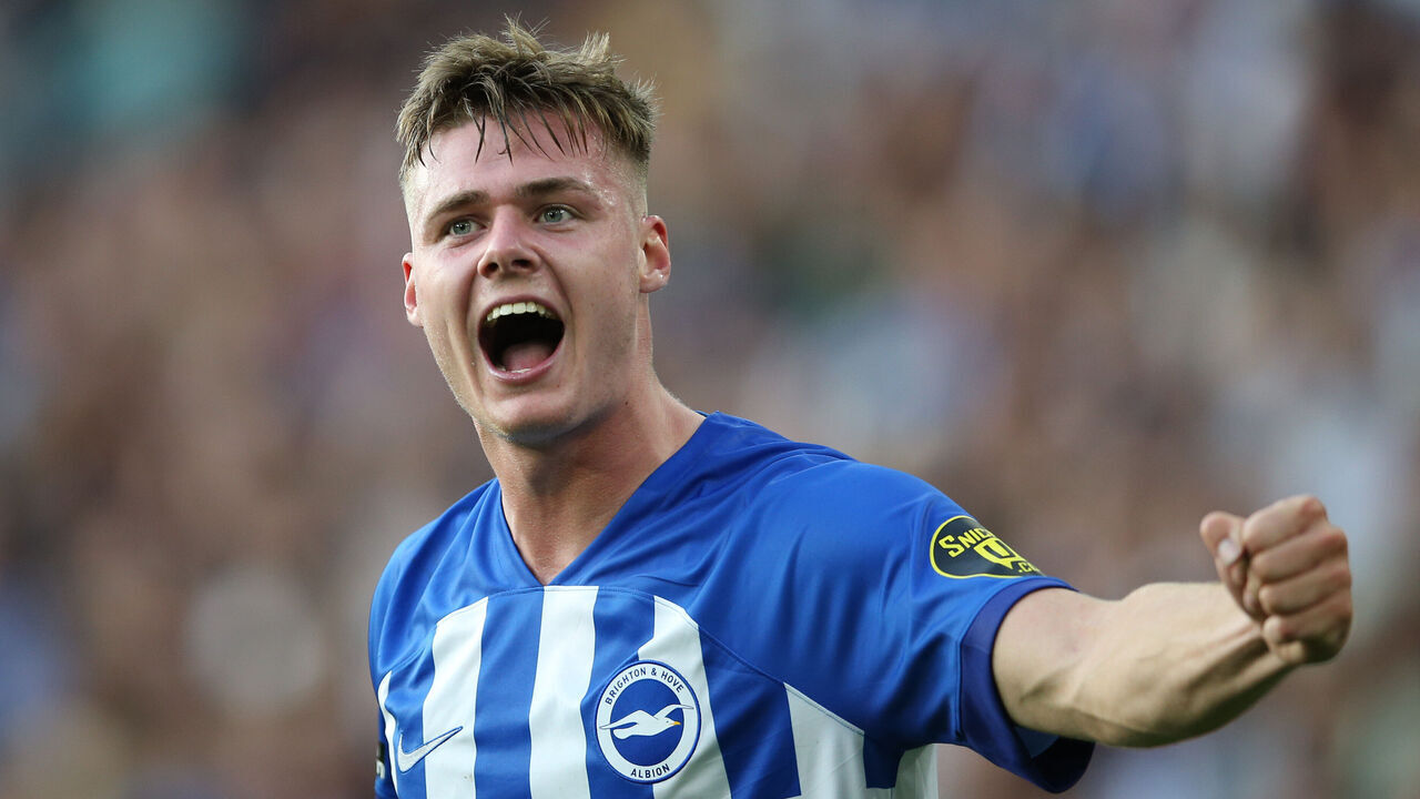 BRIGHTON, ENGLAND - SEPTEMBER 02: Evan Ferguson of Brighton & Hove Albion celebrates after scoring the team's second goal during the Premier League match between Brighton & Hove Albion and Newcastle United at American Express Community Stadium on September 02, 2023 in Brighton, England.