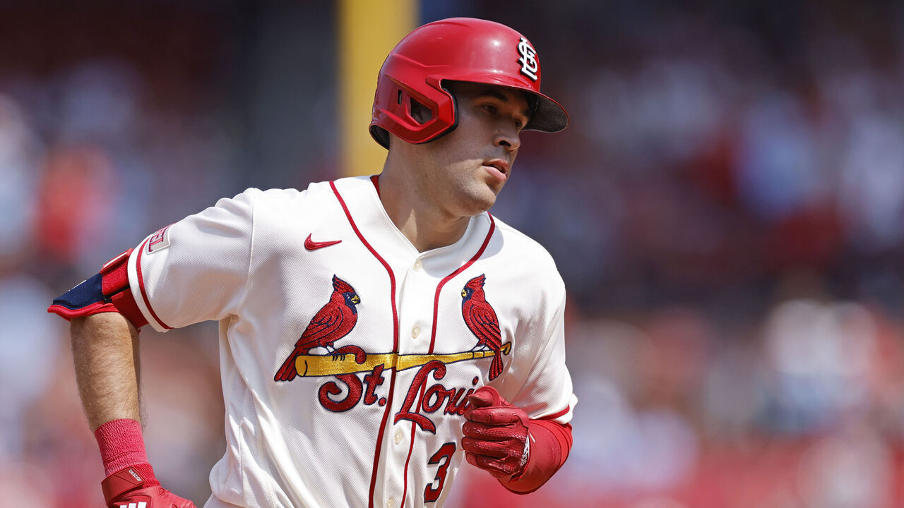 ST. LOUIS, MO - JUNE 10: St. Louis Cardinals right fielder Dylan Carlson (3) rounds the bases after a home run during an MLB game against the Cincinnati Reds on June 10, 2023 at Busch Stadium in St. Louis, Missouri.