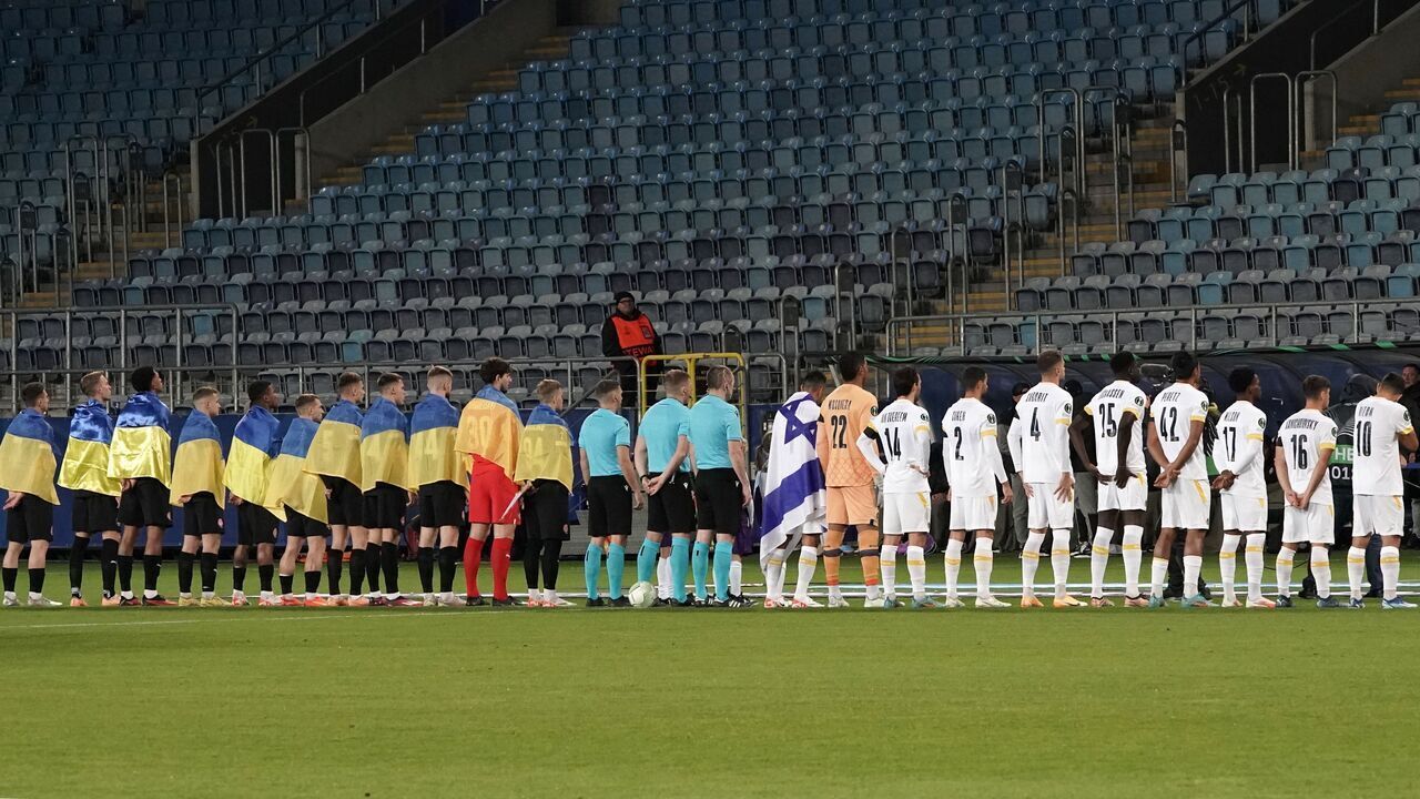 Players of both teams line up before the UEFA Europa Conference League Group B football match between FC Zorya Luhansk and Maccabi Tel Aviv FC at Arena Lublin in Lublin, Poland on November 9, 2023.