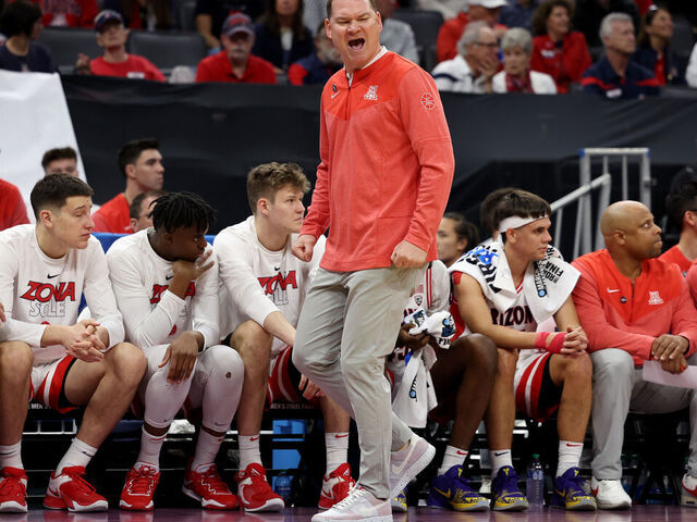 SACRAMENTO, CALIFORNIA - MARCH 16: Head coach Tommy Lloyd of the Arizona Wildcats reacts against the Princeton Tigers during the first half in the first round of the NCAA Men's Basketball Tournament at Golden 1 Center on March 16, 2023 in Sacramento, California.