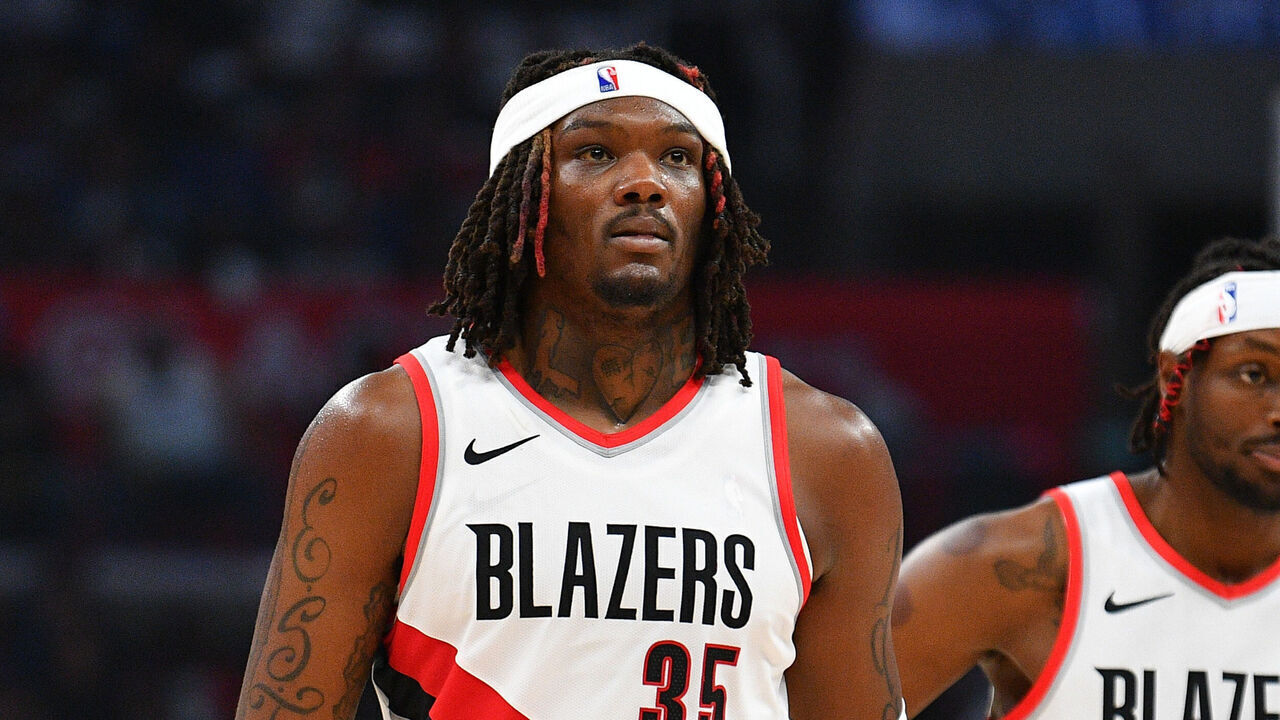 LOS ANGELES, CA - OCTOBER 25: Portland Trail Blazers center Robert Williams III (35) and Portland Trail Blazers forward Jerami Grant (9) look on during a NBA game between the Denver Nuggets and the Portland Trail Blazers on October 25, 2023 at Crypto.com Arena in Los Angeles, CA.