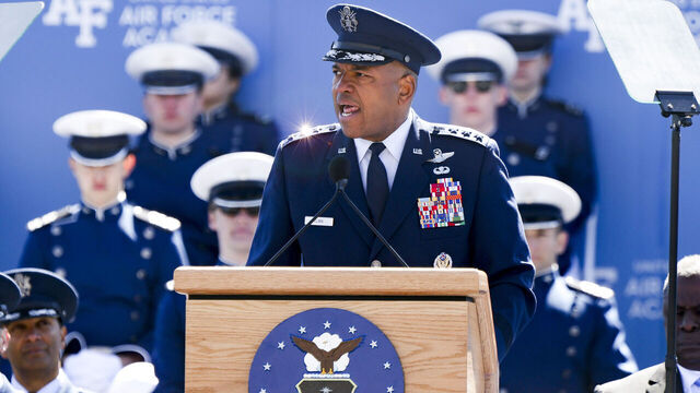 COLORADO SPRINGS, CO - MAY 25: Air Force Academy superintendent Lt. Gen. Richard Clark delivers an address to cadets during their graduation ceremony at Falcon Stadium on May 25, 2022 in Colorado Springs, Colorado. United States Secretary of Defense Lloyd Austin III gave the commencement address to the 973 graduates from the academy.