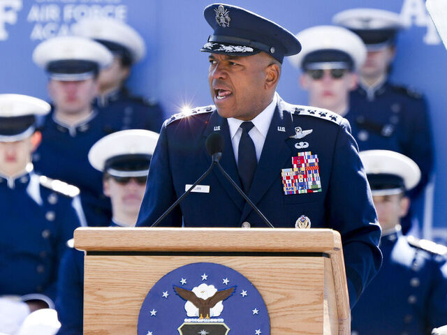 COLORADO SPRINGS, CO - MAY 25: Air Force Academy superintendent Lt. Gen. Richard Clark delivers an address to cadets during their graduation ceremony at Falcon Stadium on May 25, 2022 in Colorado Springs, Colorado. United States Secretary of Defense Lloyd Austin III gave the commencement address to the 973 graduates from the academy.