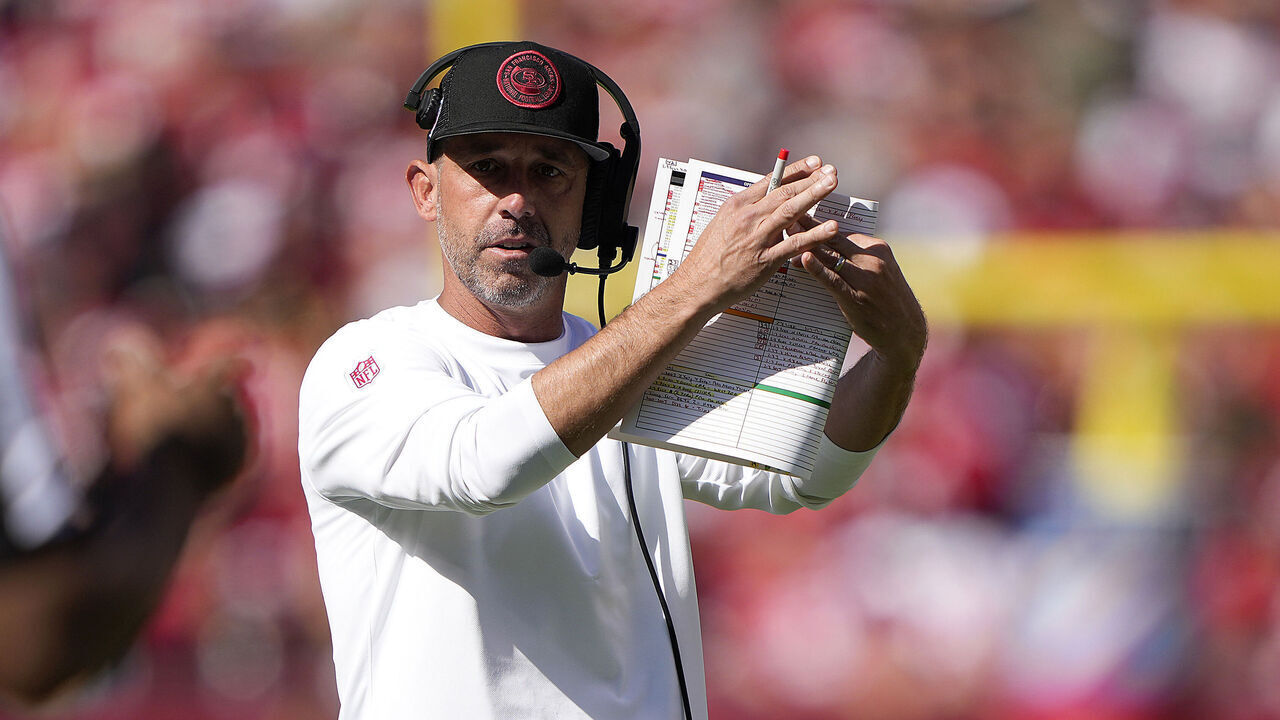 SANTA CLARA, CALIFORNIA - OCTOBER 01: Head coach Kyle Shanahan call time out to challenge a call against the Arizona Cardinals during the second quarter of an NFL football game at Levi's Stadium on October 01, 2023 in Santa Clara, California.