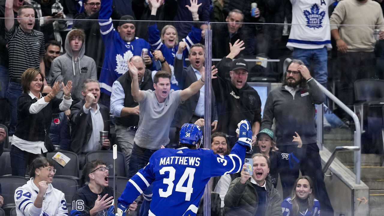 TORONTO, ON - NOVEMBER 6: Auston Matthews #34 of the Toronto Maple Leafs celebrates scoring against the Tampa Bay Lightning during the second period at Scotiabank Arena on November 6, 2023 in Toronto, Ontario, Canada.
