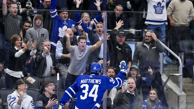 TORONTO, ON - NOVEMBER 6: Auston Matthews #34 of the Toronto Maple Leafs celebrates scoring against the Tampa Bay Lightning during the second period at Scotiabank Arena on November 6, 2023 in Toronto, Ontario, Canada.