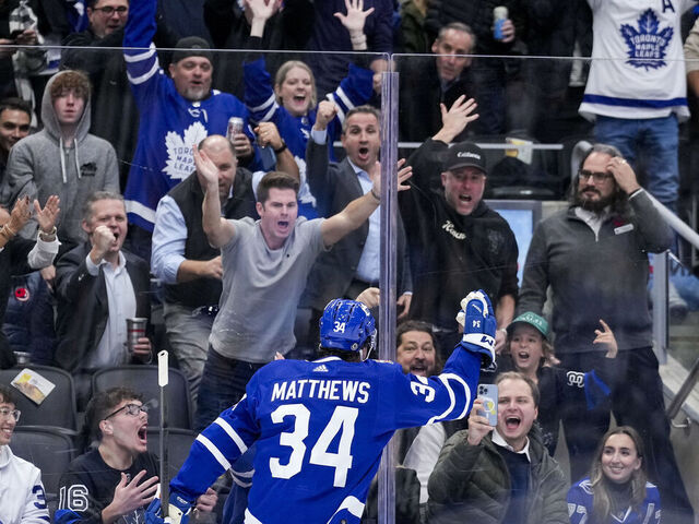 TORONTO, ON - NOVEMBER 6: Auston Matthews #34 of the Toronto Maple Leafs celebrates scoring against the Tampa Bay Lightning during the second period at Scotiabank Arena on November 6, 2023 in Toronto, Ontario, Canada.