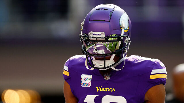 MINNEAPOLIS, MINNESOTA - OCTOBER 08: Justin Jefferson #18 of the Minnesota Vikings looks on prior to the start of the game against the Kansas City Chiefs at U.S. Bank Stadium on October 08, 2023 in Minneapolis, Minnesota. The Chiefs defeated the Vikings 27-20.