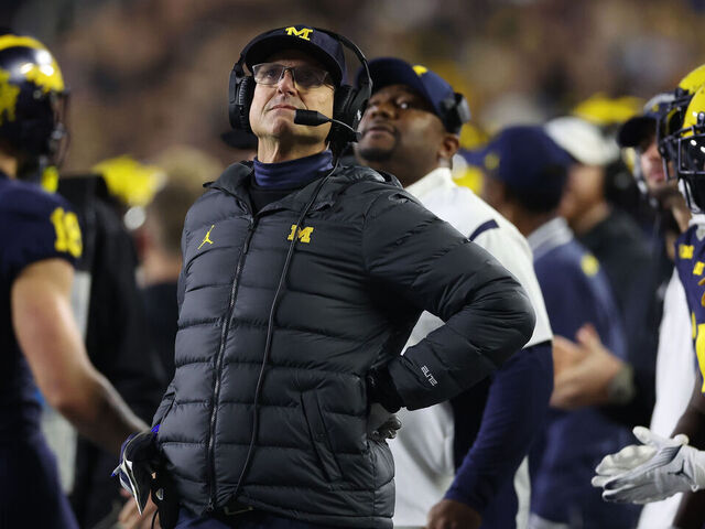 ANN ARBOR, MICHIGAN - NOVEMBER 04: Head coach Jim Harbaugh of the Michigan Wolverines looks on in the first half while playing the Purdue Boilermakers at Michigan Stadium on November 04, 2023 in Ann Arbor, Michigan.