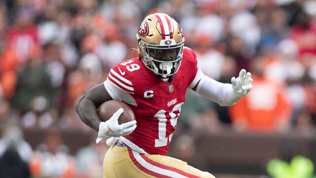 CLEVELAND, OH - OCTOBER 15: Deebo Samuel #19 of the San Francisco 49ers runs after making a catch during the game against the Cleveland Browns at Cleveland Browns Stadium on October 15, 2023 in Cleveland, Ohio. The Browns defeated the 49ers 19-17.