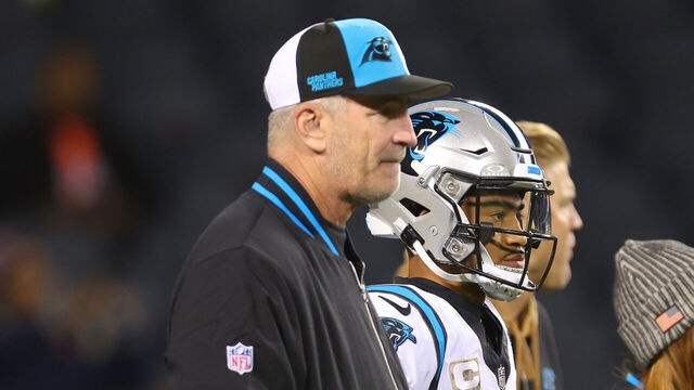 CHICAGO, ILLINOIS - NOVEMBER 09: Head coach Frank Reich and Bryce Young #9 of the Carolina Panthers are seen prior to a game against the Chicago Bears at Soldier Field on November 09, 2023 in Chicago, Illinois.