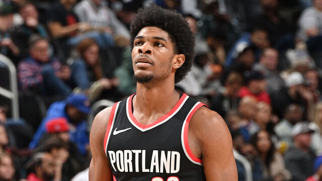 DETROIT, MI - NOVEMBER 1: Scoot Henderson #00 of the Portland Trail Blazers looks on during the game against the Detroit Pistons on November 1, 2023 at Little Caesars Arena in Detroit, Michigan. NOTE TO USER: User expressly acknowledges and agrees that, by downloading and/or using this photograph, User is consenting to the terms and conditions of the Getty Images License Agreement. Mandatory Copyright Notice: Copyright 2023 NBAE