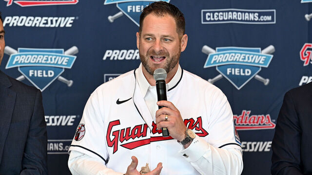 CLEVELAND, OHIO - NOVEMBER 10: Stephen Vogt is introduced as the 45th Manager of the Cleveland Guardians at Progressive Field on November 10, 2023 in Cleveland, Ohio.