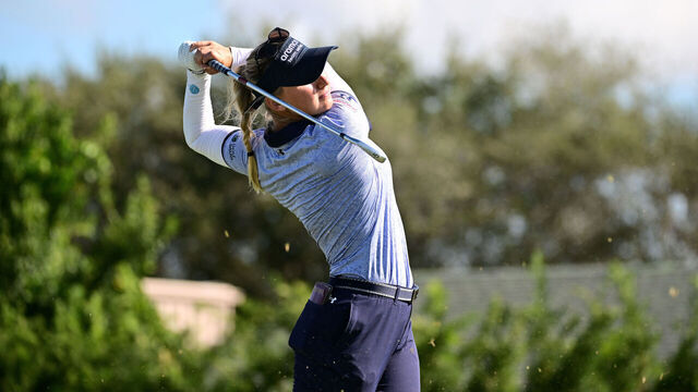 BELLEAIR, FLORIDA - NOVEMBER 10: Emily Kristine Pedersen of Denmark plays her shot from the third tee during the second round of The ANNIKA driven by Gainbridge at Pelican at Pelican Golf Club on November 10, 2023 in Belleair, Florida.