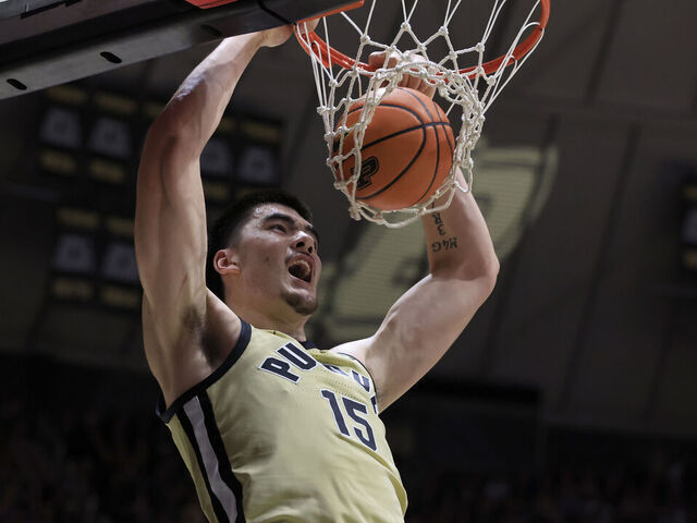 WEST LAFAYETTE, INDIANA - NOVEMBER 10: Zach Edey #15 of the Purdue Boilermakers dunks the ball in the game against the Morehead State Eagles during the second half at Mackey Arena on November 10, 2023 in West Lafayette, Indiana.