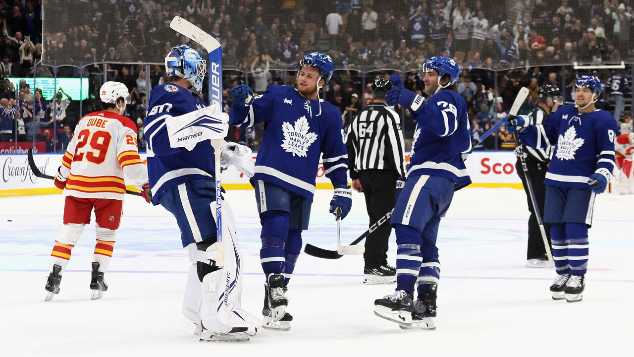TORONTO, CANADA - NOVEMBER 10: The Toronto Maple Leafs celebrate their win over the Calgary Flames at Scotiabank Arena on November 10, 2023 in Toronto, Ontario, Canada. The Leafs defeated the Flames 5-4 in the shootout.