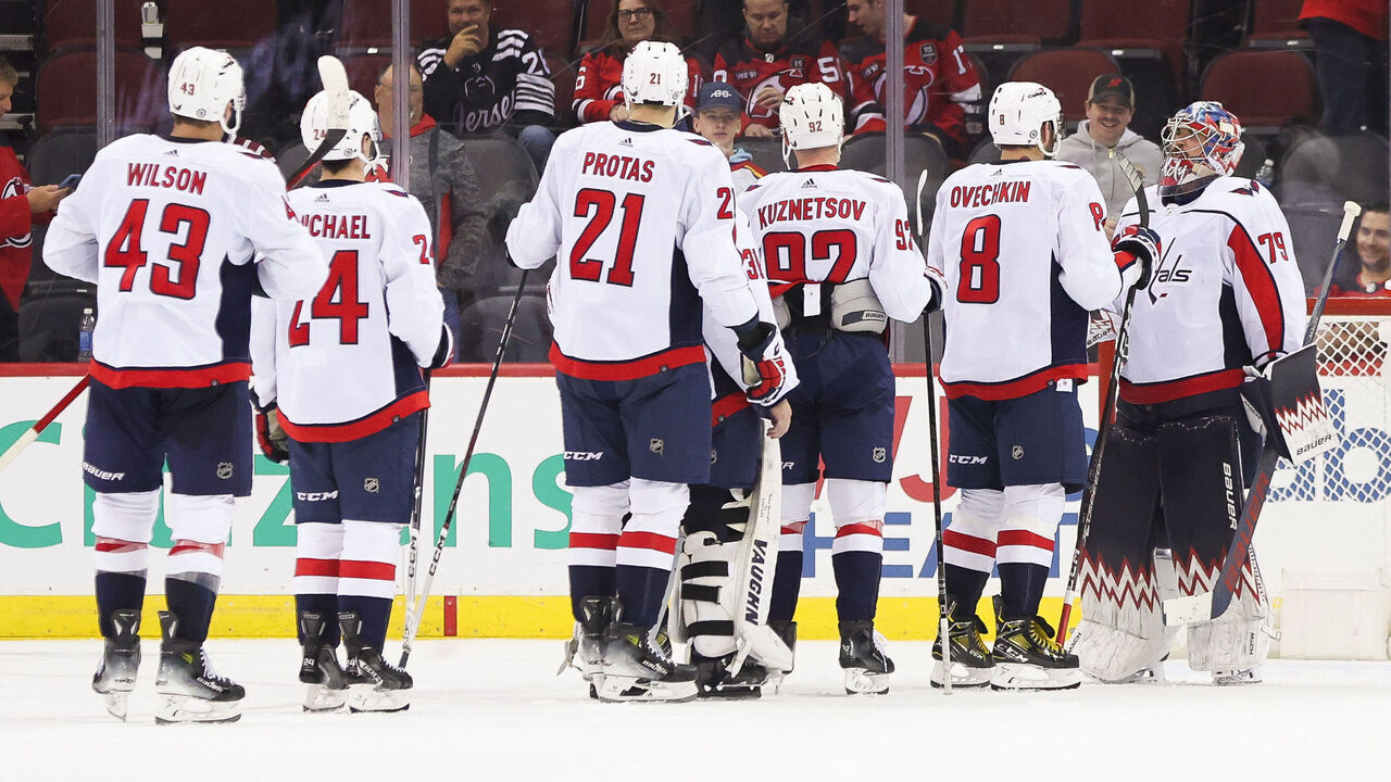 NEWARK, NJ - NOVEMBER 10: Washington Capitals celebrate after winning a game between the Washington Capitals and New Jersey Devils on November 10, 2023 at Prudential Center in the Newark, New Jersey.