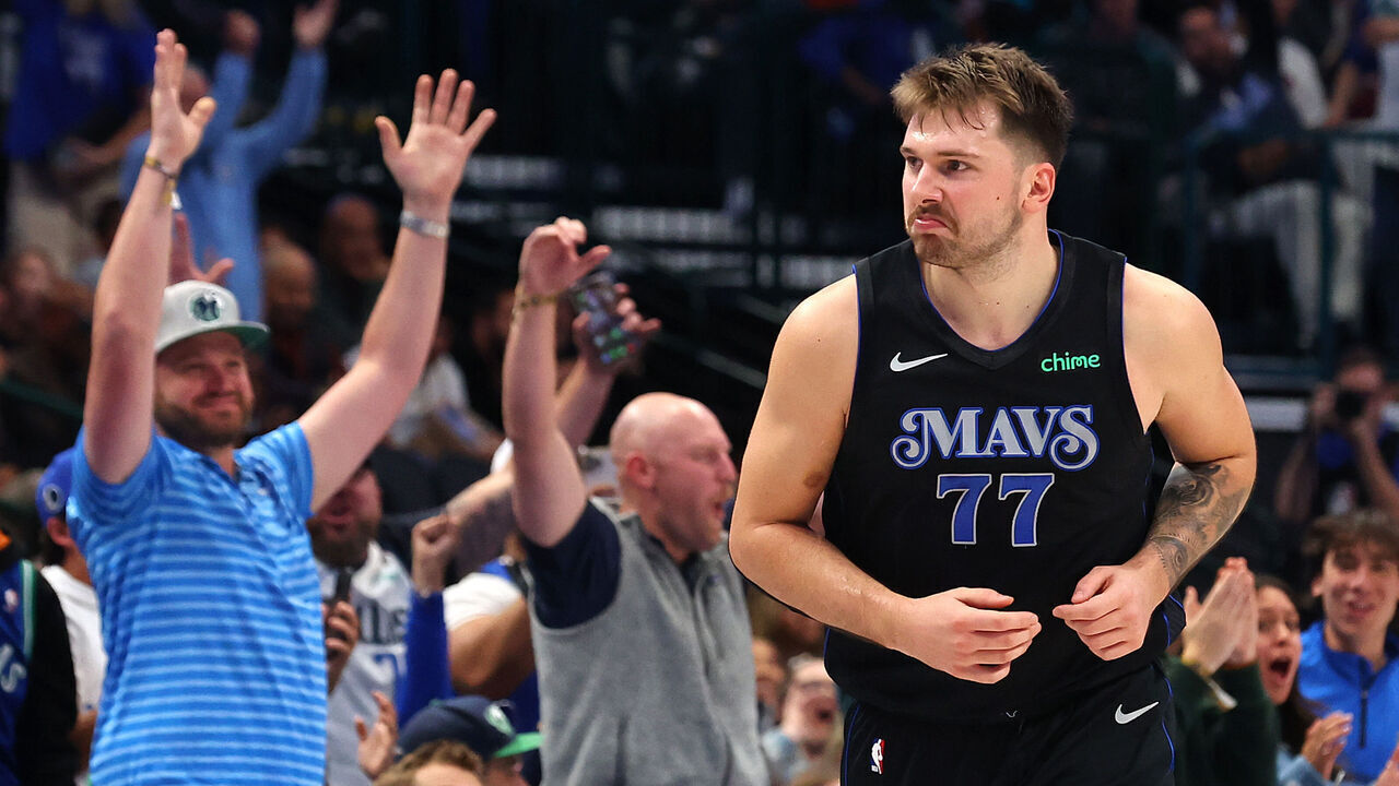 DALLAS, TEXAS - NOVEMBER 10: Luka Doncic #77 of the Dallas Mavericks makes a face after sinking a three-pointer against the LA Clippers in the third quarter of the NBA In-Season Tournament game at American Airlines Center on November 10, 2023 in Dallas, Texas.