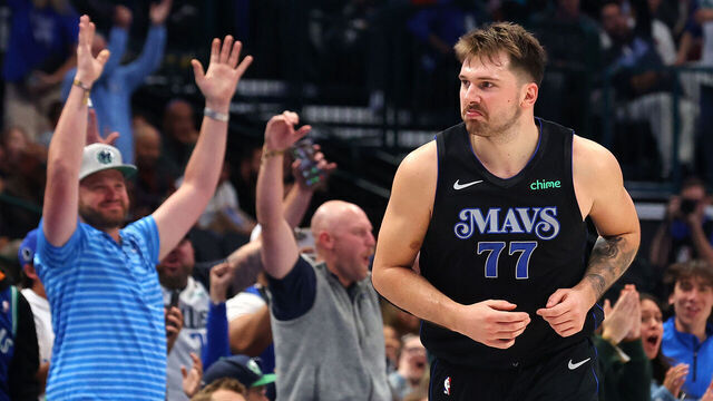 DALLAS, TEXAS - NOVEMBER 10: Luka Doncic #77 of the Dallas Mavericks makes a face after sinking a three-pointer against the LA Clippers in the third quarter of the NBA In-Season Tournament game at American Airlines Center on November 10, 2023 in Dallas, Texas.