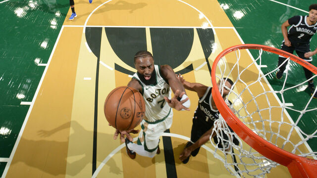 BOSTON, MA - NOVEMBER 10: Jaylen Brown #7 of the Boston Celtics shoots the ball during the game against the Brooklyn Nets during the In-Season Tournament on November 10, 2023 at the TD Garden in Boston, Massachusetts. Mandatory Copyright Notice: Copyright 2023 NBAE