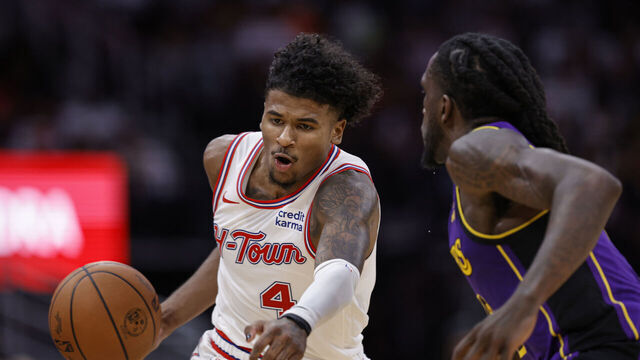 HOUSTON, TEXAS - NOVEMBER 08: Jalen Green #4 of the Houston Rockets in action against the Los Angeles Lakers during the second half at Toyota Center on November 08, 2023 in Houston, Texas.