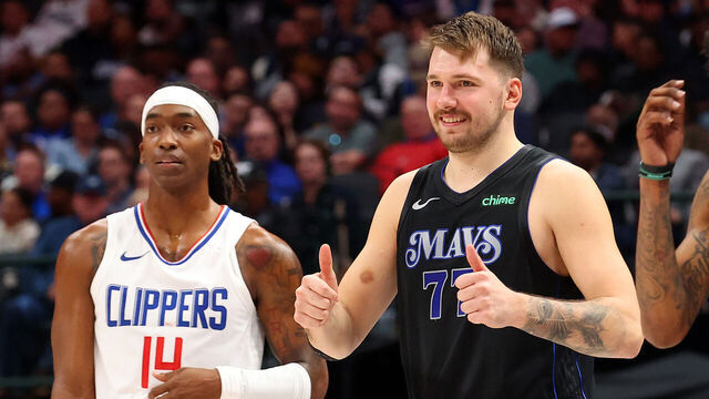 DALLAS, TEXAS - NOVEMBER 10: Luka Doncic #77 of the Dallas Mavericks gestures as he reenters the game in the fourth quarter against the LA Clippers during the NBA In-Season Tournament at American Airlines Center on November 10, 2023 in Dallas, Texas.